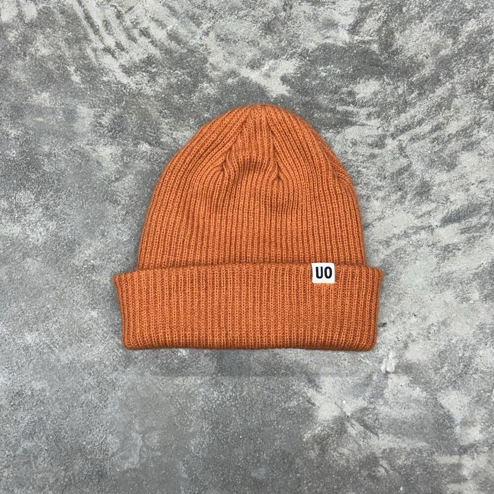 UO Urban Outfitters Thick Knit Fold Over Beanie Orange Logo One Size